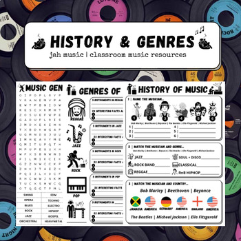 Preview of Music History/Genre Unit | Printable Handout Worksheet/Workbook Easy Sub Lesson