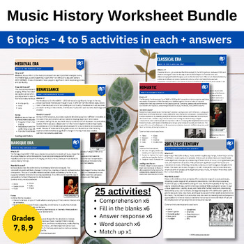 Preview of Music History Worksheet Bundle - Grades 7, 8, 9
