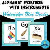 Music Instrument Alphabet Posters - Watercolor Blue Border