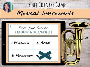 Preview of Music Instruments Four Corners Digital Game for Google Slides | FREEBIE