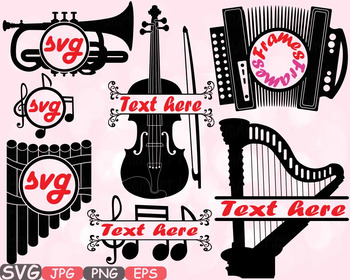 Preview of Music Instruments Split Circle Frame clipart accordion Violin trumpet harp -613s
