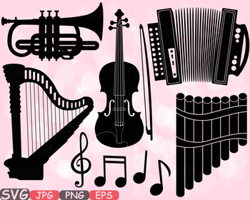 Preview of Music Instruments clipart panpipe accordion trumpet harp Violin SVG design -592s