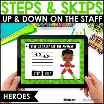 Preview of Music Intervals BOOM™ Cards for Piano - Steps and Skips on the Staff - Heroes