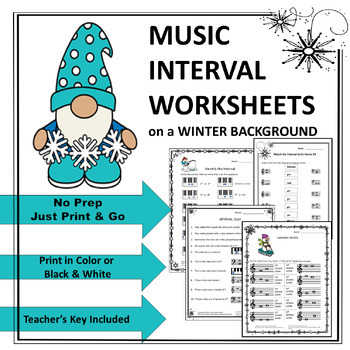 Preview of Music Intervals Worksheets on a Winter Background