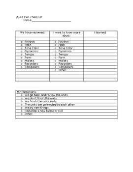 Preview of Music KWL checklists pack