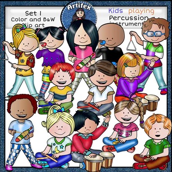 Preview of Music Kids-Percussion Clip Art set1. -Color and B&W-