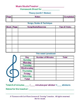 Preview of Music Lesson Homework Sheet & Weekly Practice Record