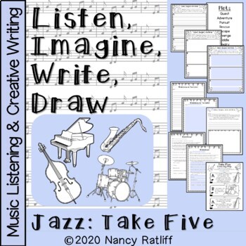 Preview of Music Listening with Creative Writing & Brainstorming Worksheets Jazz-Take Five