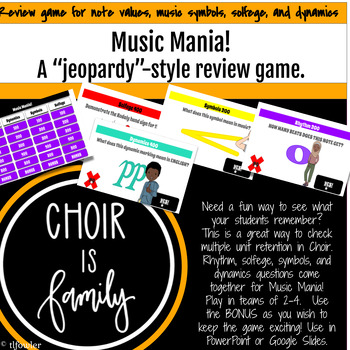 Preview of Music Mania: "Jeopardy" game for Choir: symbols, values, & solfege.  PowerPoint