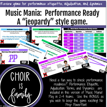 Preview of Music Mania Game:  Performance Ready Version.  Jeopardy-style, PowerPoint.