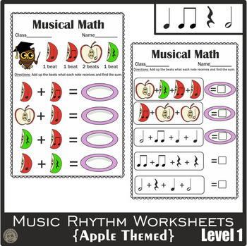 Preview of Music Math Worksheets Level 1 | Easy Music Rhythm Activities | Apple themed