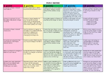 Preview of Music Matrix for Early Finishers/Homework/Extension Activities