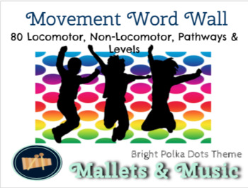 Preview of Music Movement Word Wall - Locomotor, Non-Locomotor, & More Bright Polka Dots