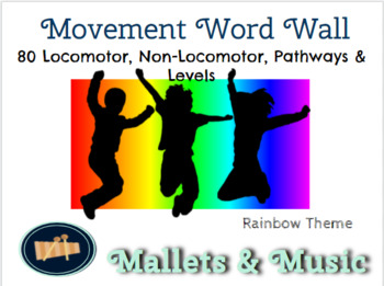 Preview of Music Movement Word Wall - Locomotor, Non-Locomotor & More - Rainbow Theme