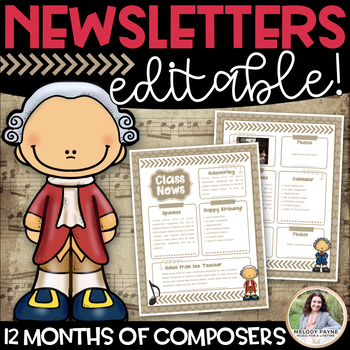 Preview of Music Newsletters with Composers: Editable Templates for Each Month