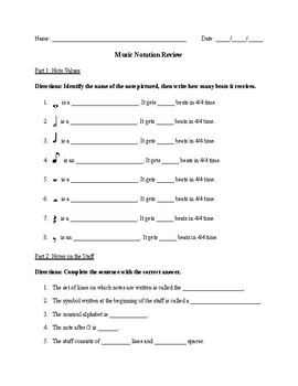 Preview of Music Notation Review Worksheet (Note Values and Notes on the Staff)