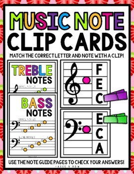 Music Note Clip Cards! Summer Activities, Treble & Bass Clef, Grand Staff