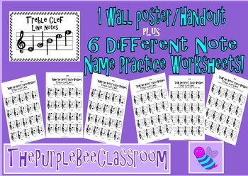 Preview of Music Note Name Worksheets for Treble Clef Line Notes