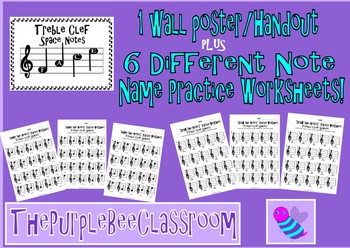 Preview of Music Note Name Worksheets for Treble Clef Space Notes