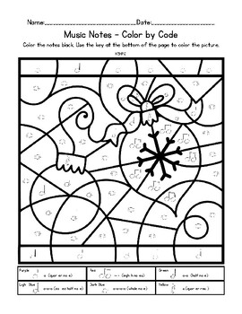 Music Notes Color By Code Christmas Ornaments Coloring Worksheet