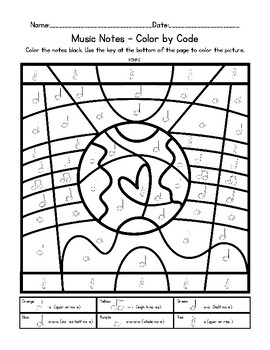 Preview of Music Notes Color By Code Earth Day Coloring Worksheet