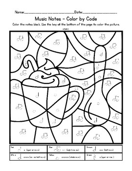 Music Notes Color By Code Hot Chocolate Coloring Worksheet | TPT