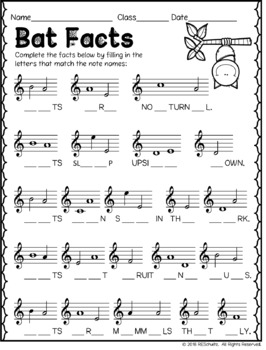 Preview of Fill in the Treble Clef Note Names: BAT FACTS