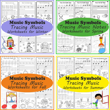 Preview of Music Notes & Symbols Tracing Worksheets Seasons Bundle | Drawing Notes