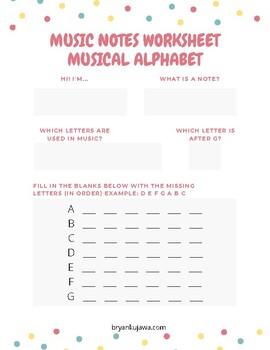Preview of Music Notes Worksheet - Musical Alphabet (updated)