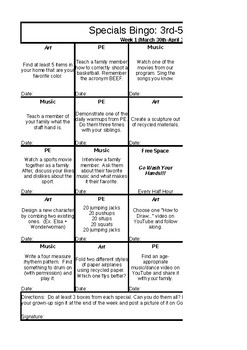 Preview of Music, PE, Art at home bingo card