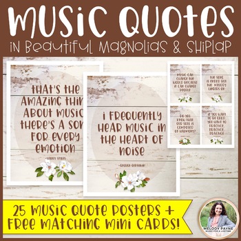 Preview of Music Quote Posters & Mini Cards - Magnolias & Shiplap Music Classroom Decor