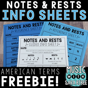 Preview of Music Reading Info Sheets: Notes & Rests (American Terms) {FREEBIE!}