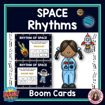 Preview of Music Rhythm Activities with a SPACE theme - BOOM Cards™ Digital Task Cards