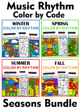 Preview of Music Rhythm Color by Code Seasons Bundle | Color by Note | Standard Notation