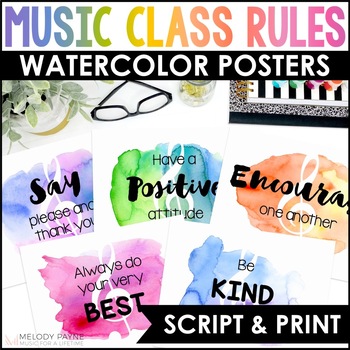 Preview of Music Rules Posters - Script & Print Rainbow Watercolor Music Classroom Decor