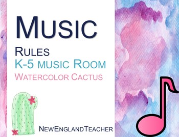 Preview of Music Rules for K-5 for Classroom Decor / Bulletin Board Watercolor Cactus