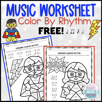 Preview of FREE Music Worksheet Color by Rhythm Superhero