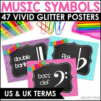 Preview of Music Symbols & Dynamics Posters - Chalkboard & Glitter Music Classroom Decor