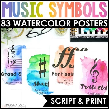 Preview of Music Symbols, Terms, Definitions Posters - Watercolor Music Classroom Decor