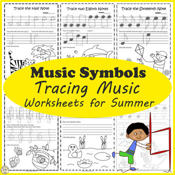 Preview of Music Notes & Symbols | Tracing Music Worksheets for Summer