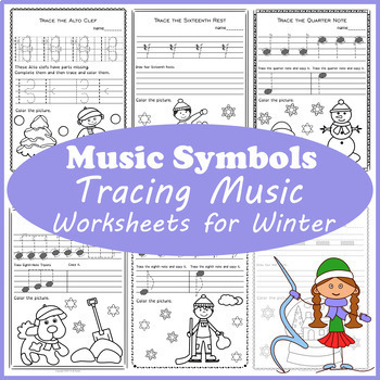 Preview of Tracing Music Notes Worksheets for Winter | Drawing Notes & Symbols Practice
