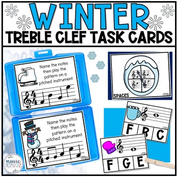 Preview of Winter Music Activities - Music Task Cards - Treble Clef Worksheet & Stations