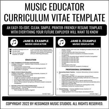 Preview of Music Teacher Curriculum Vitae Template | Fully Editable | Printer-Friendly
