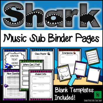 Preview of Music Teacher & Sub Binder Pages- Editable Shark Theme