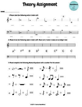 Preview of Music Theory Assignment Musical Equations and Naming Drawing Notes