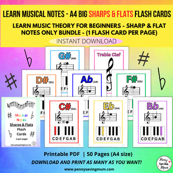 Preview of Music Theory, Big A4 Musical Note Flash Cards, Sharps & Flats Only Bundle