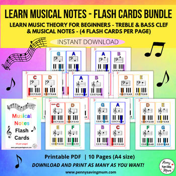 Preview of Music Theory, Musical Note Flash Cards, Learn Piano Notes, 4 cards per page