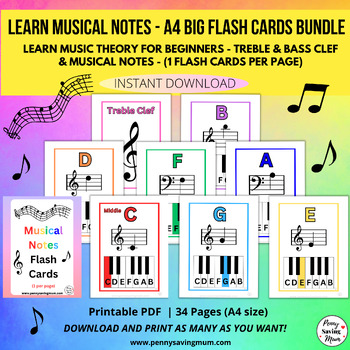 Preview of Music Theory, Musical Note Flash Cards, Learn Piano Notes, A4, 1 Per Page