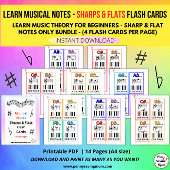 Preview of Music Theory, Musical Note Flash Cards, Sharps & Flats Only Bundle, Learn Piano