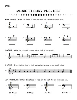 Preview of Music Theory Pre-Test PDF Download Junior High and High School